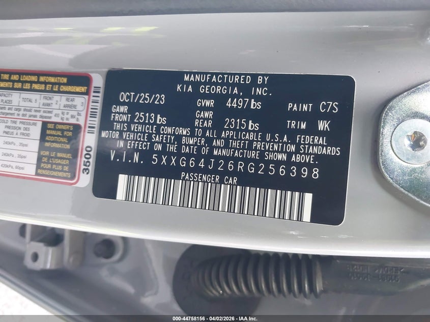 2024 Kia K5 VIN 5XXG64J26RG256398 IAAI salvage auction — SIDE, Wait Title, sold $7,600 on 2026-08-24 (photo 9)