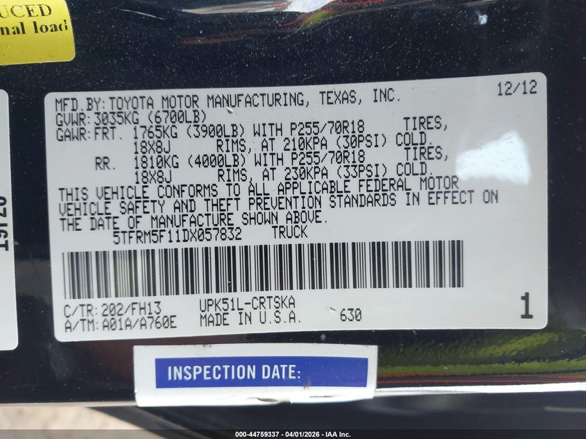 2013 Toyota Tundra VIN 5TFRM5F11DX057832 IAAI salvage auction — SIDE, Salvage (Georgia), sold $5,150 on 2026-07-17 (photo 9)