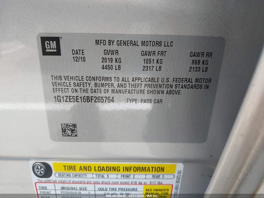 2011 Chevrolet Malibu VIN 1G1ZE5E16BF265764 IAAI salvage auction — RIGHT FRONT, Salvage (North Carolina), sold $925 on 2026-07-09 (photo 9)