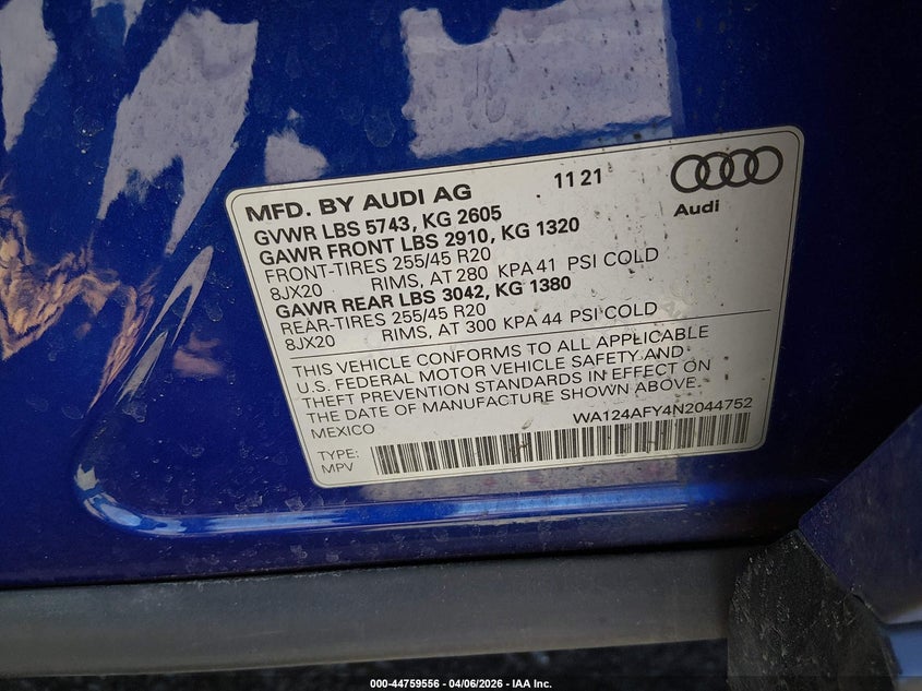 2022 Audi Sq5 sportback VIN WA124AFY4N2044752 IAAI salvage auction — THEFT, Salvage Title, sold $16,200 on 2026-08-09 (photo 9)