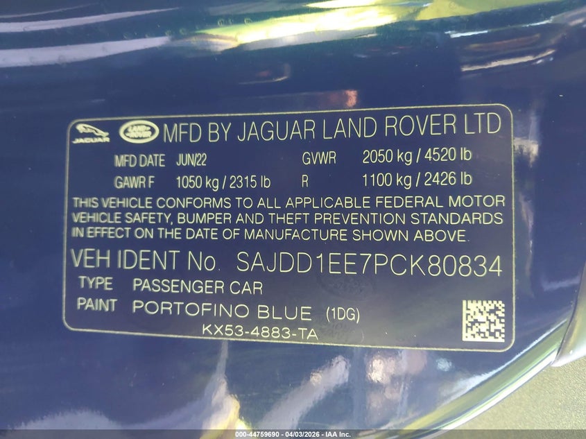 2023 Jaguar F-type VIN SAJDD1EE7PCK80834 IAAI salvage auction — SIDE, Wait Title, sold $18,200 on 2026-07-23 (photo 9)
