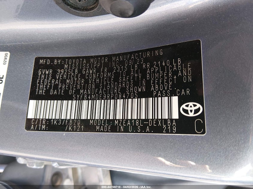2024 Toyota Corolla VIN 5YFB4MDE9RP084705 IAAI salvage auction — RIGHT SIDE, Wait Title, sold $4,250 on 2026-07-08 (photo 9)