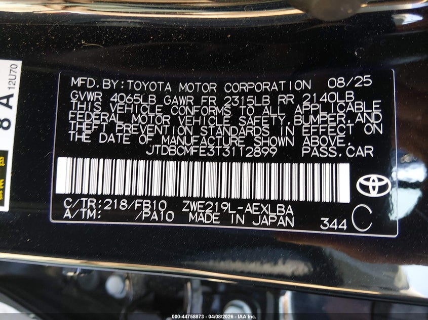 2026 Toyota Corolla VIN JTDBCMFE3T3112899 IAAI salvage auction — ROLLOVER, Salvage Title, sold $3,250 on 2026-07-30 (photo 9)