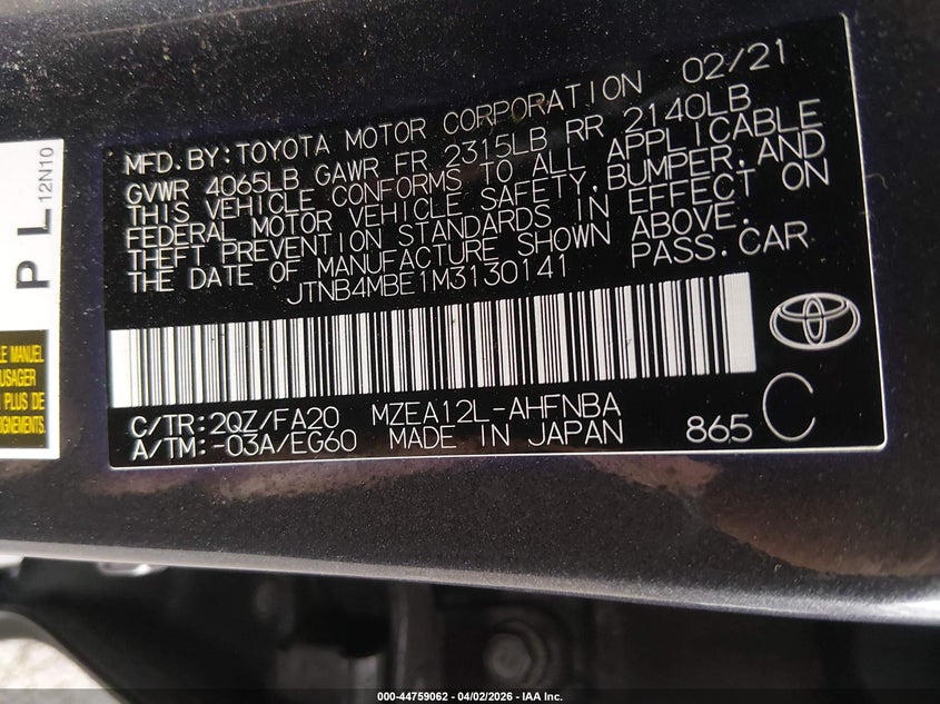 2021 Toyota Corolla VIN JTNB4MBE1M3130141 IAAI salvage auction — FRONT END, Wait Title, sold $2,200 on 2026-07-15 (photo 9)
