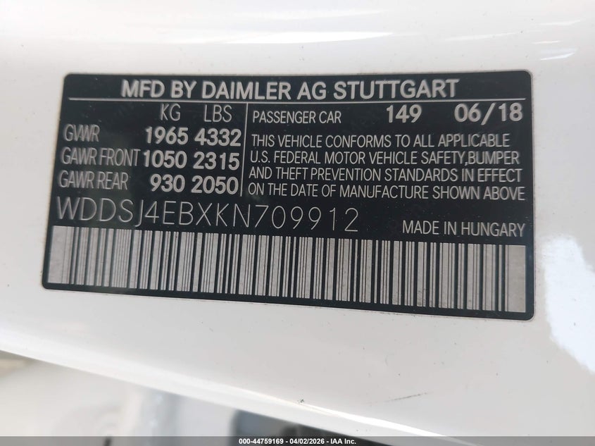 2019 Mercedes-benz Cla-klasse VIN WDDSJ4EBXKN709912 IAAI salvage auction — RIGHT REAR, Salvage (Georgia), sold $5,850 on 2026-07-15 (photo 9)
