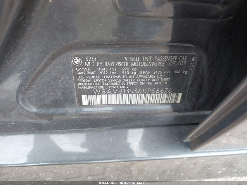 2006 BMW 3er VIN WBAVB13536KR56676 IAAI salvage auction — FRONT END, Salvage (Texas), sold $25 on 2026-07-06 (photo 9)