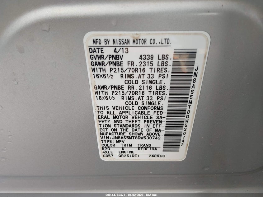 2013 Nissan Rogue VIN JN8AS5MT8DW530742 IAAI salvage auction — FRONT END, Junk Receipt (North Carolina), sold $325 on 2026-07-15 (photo 9)