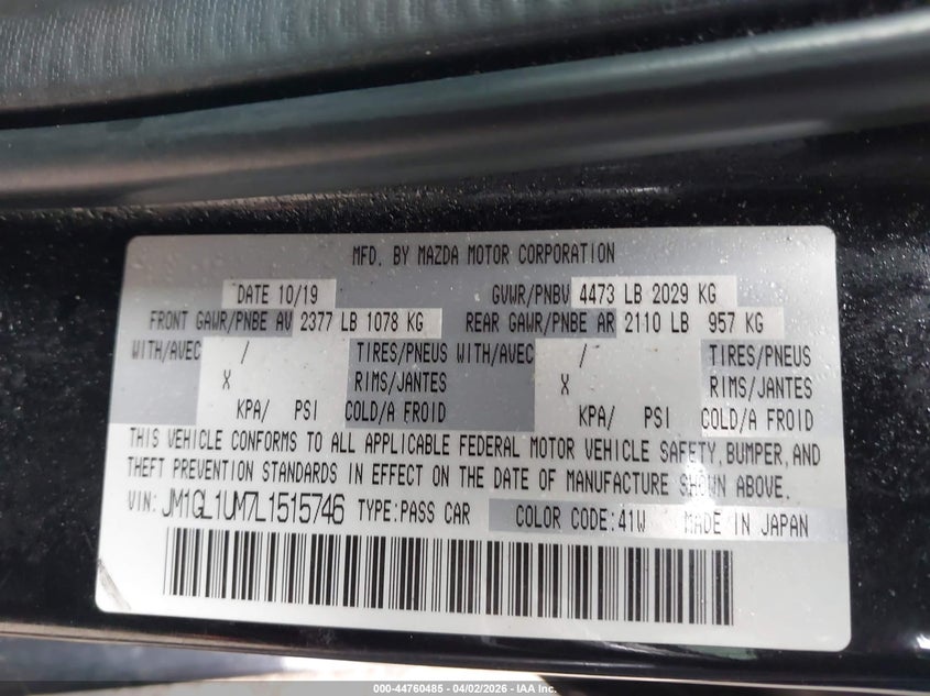 2020 Mazda 6 VIN JM1GL1UM7L1515746 IAAI salvage auction — FRONT END, Clear (Michigan), sold $2,700 on 2026-07-09 (photo 9)
