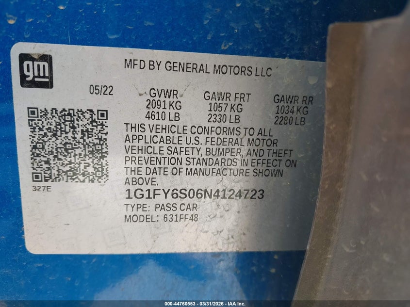 2022 Chevrolet Bolt euv VIN 1G1FY6S06N4124723 IAAI salvage auction — RIGHT FRONT, Original (Texas), sold $7,400 on 2026-07-08 (photo 9)
