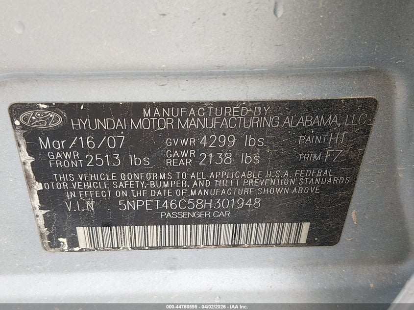 2008 Hyundai Sonata VIN 5NPET46C58H301948 IAAI salvage auction — FRONT END, Salvage (Louisiana), sold $150 on 2026-07-29 (photo 9)