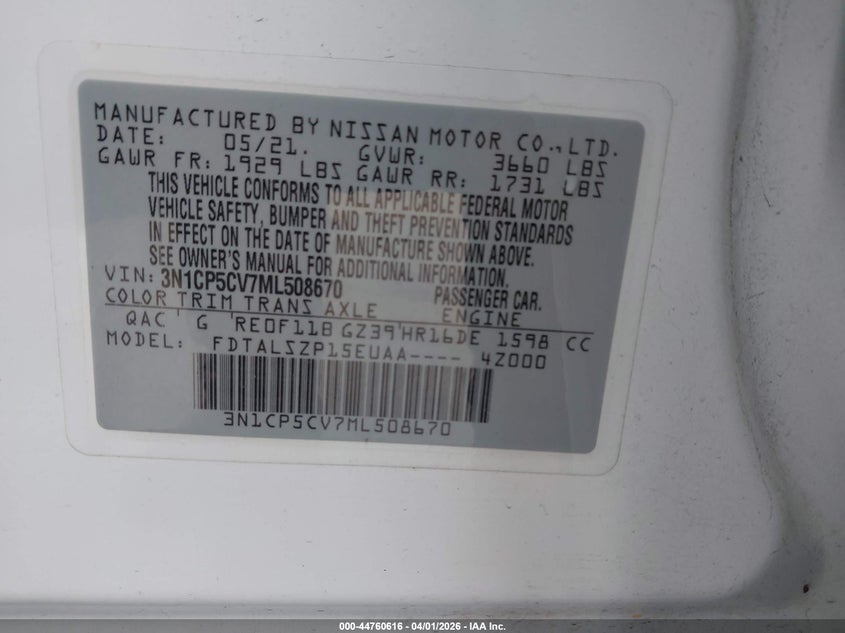 2021 Nissan Kicks VIN 3N1CP5CV7ML508670 IAAI salvage auction — FRONT END, Wait Title, sold $2,350 on 2026-07-19 (photo 9)