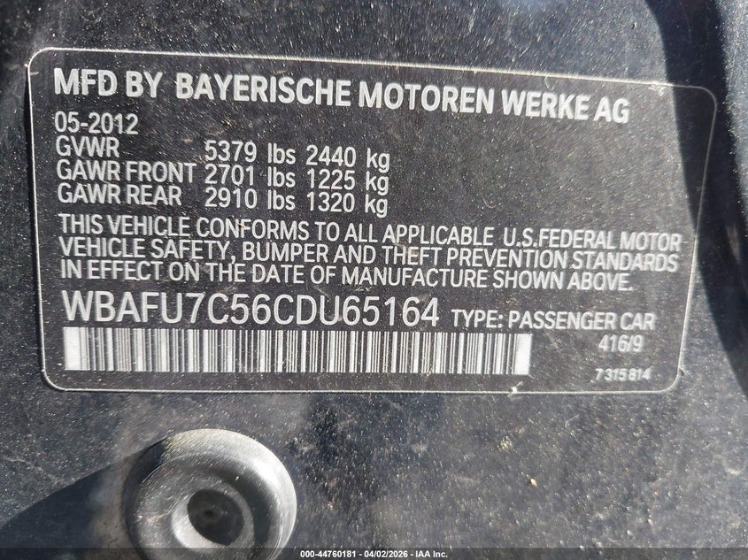 2012 BMW 5er VIN WBAFU7C56CDU65164 IAAI salvage auction — RIGHT FRONT, Wait Title, sold $650 on 2026-07-11 (photo 9)