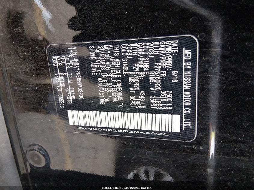 2017 Nissan Armada VIN JN8AY2NE8H9702236 IAAI salvage auction — FRONT END, Salvage (Colorado), sold $5,825 on 2026-07-07 (photo 9)