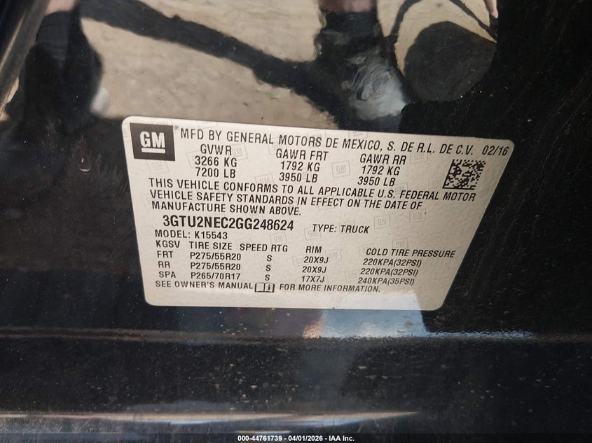 2016 Gmc VIN 3GTU2NEC2GG248624 IAAI salvage auction — LEFT FRONT, Salvage (Tennessee), sold $4,900 on 2026-07-23 (photo 9)