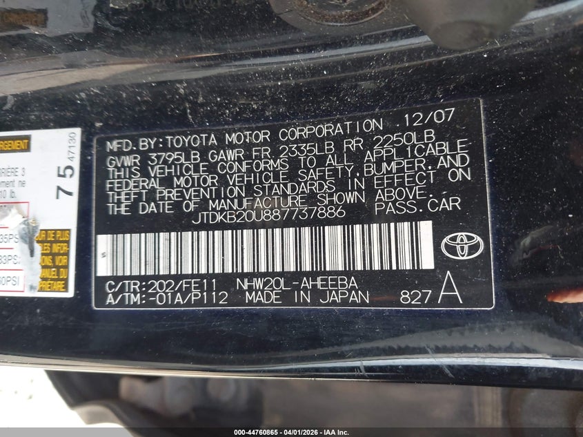 2008 Toyota Prius VIN JTDKB20U887737886 IAAI salvage auction — NORMAL WEAR, Salvage (Texas), sold $425 on 2026-07-07 (photo 9)