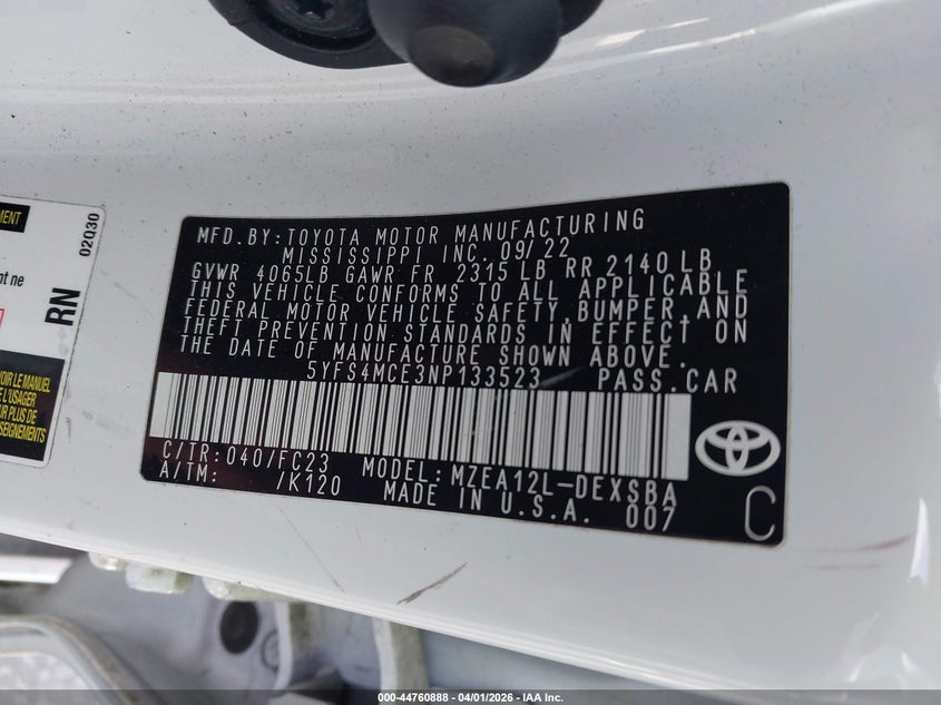 2022 Toyota Corolla VIN 5YFS4MCE3NP133523 IAAI salvage auction — UNDERCARRIAGE, Wait Title, sold $3,550 on 2026-07-15 (photo 9)