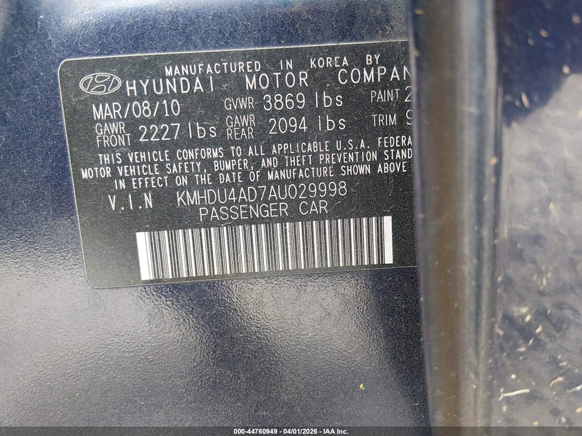 2010 Hyundai Elantra VIN KMHDU4AD7AU029998 IAAI salvage auction — SIDE, Salvage (Louisiana), sold $200 on 2026-07-08 (photo 9)