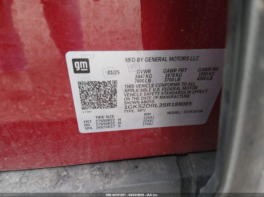 2025 Gmc Yukon VIN 1GKS2DRL3SR188085 IAAI salvage auction — FRONT END, Wait Title, sold $26,750 on 2026-07-30 (photo 9)