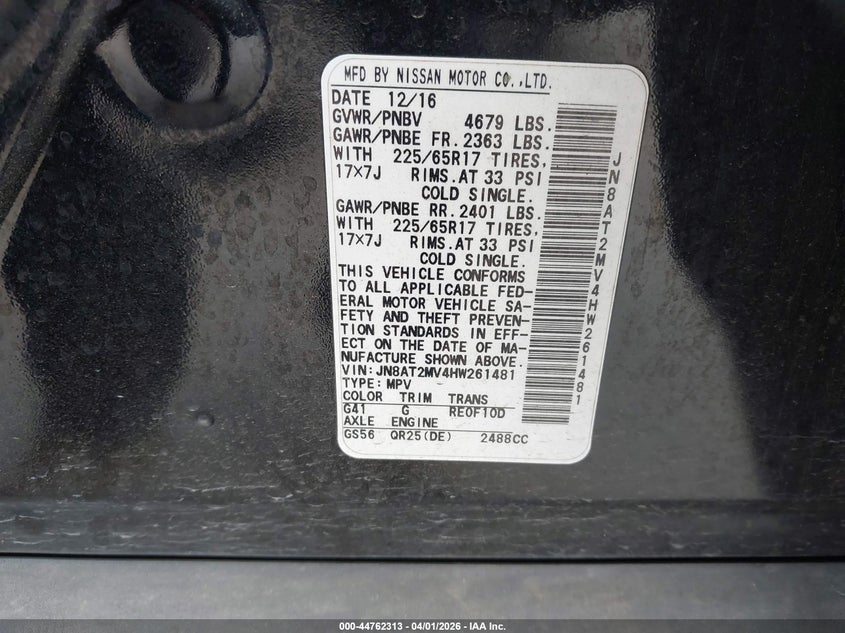2017 Nissan Rogue VIN JN8AT2MV4HW261481 IAAI salvage auction — LEFT SIDE, Salvage (Texas), sold $2,150 on 2026-07-07 (photo 9)