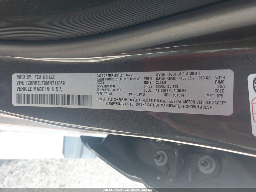 2021 Ram 1500 VIN 1C6RREJT8MN711089 IAAI salvage auction — LEFT SIDE, Salvage (Mississippi), sold $7,100 on 2026-07-29 (photo 9)