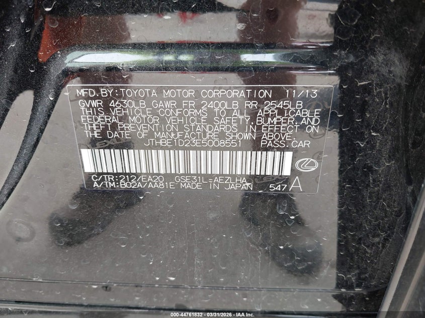 2014 Lexus Is VIN JTHBE1D23E5008551 IAAI salvage auction — FRONT END, Salvage (Missouri), sold $25 on 2026-07-27 (photo 9)