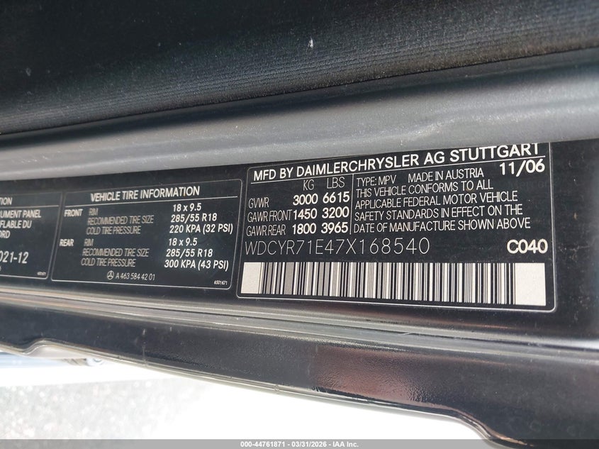 2007 Mercedes-benz G-class VIN WDCYR71E47X168540 IAAI salvage auction — LEFT & RIGHT, Clear (New Jersey), sold $21,150 on 2026-07-13 (photo 9)