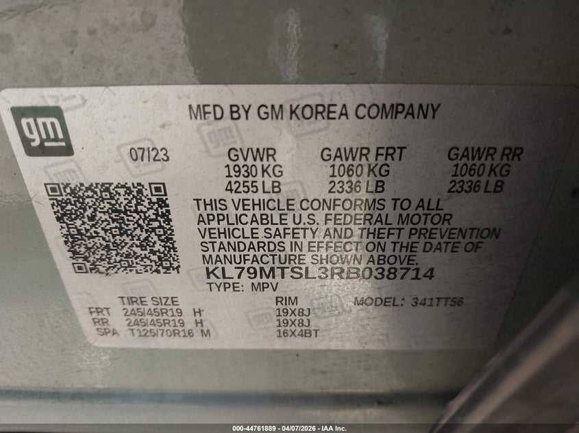 2024 Chevrolet Trailblazer VIN KL79MTSL3RB038714 IAAI salvage auction — REAR END, Original (Texas), sold $6,000 on 2026-07-29 (photo 9)