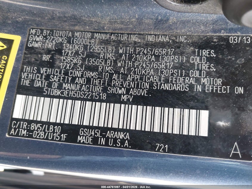2013 Toyota Highlander VIN 5TDBK3EH5DS221518 IAAI salvage auction — LEFT FRONT, Clear (Wyoming), sold $2,375 on 2026-07-22 (photo 9)