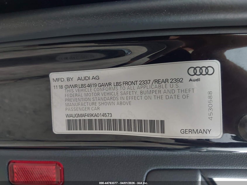 2019 Audi A4 VIN WAUGMAF49KA014573 IAAI salvage auction — LEFT SIDE, Salvage (Texas), sold $3,750 on 2026-07-20 (photo 9)