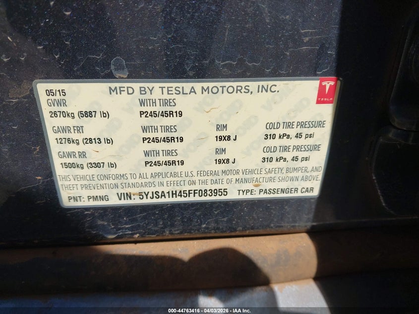 2015 Tesla Model s VIN 5YJSA1H45FF083955 IAAI salvage auction — FRESH WATER, Salvage (Hawaii), sold $800 on 2026-07-14 (photo 9)