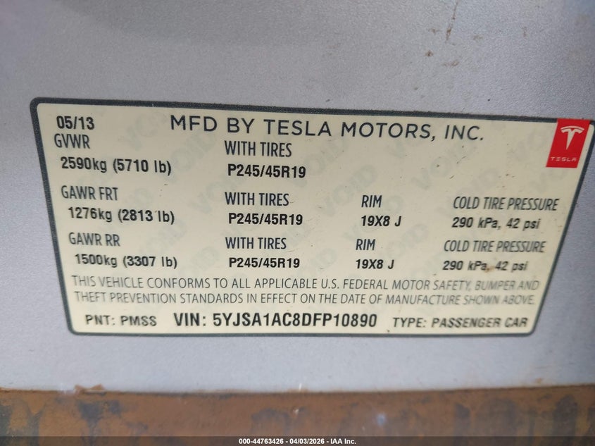 2013 Tesla Model s VIN 5YJSA1AC8DFP10890 IAAI salvage auction — FRESH WATER, Salvage (Hawaii), sold $1,050 on 2026-07-07 (photo 9)