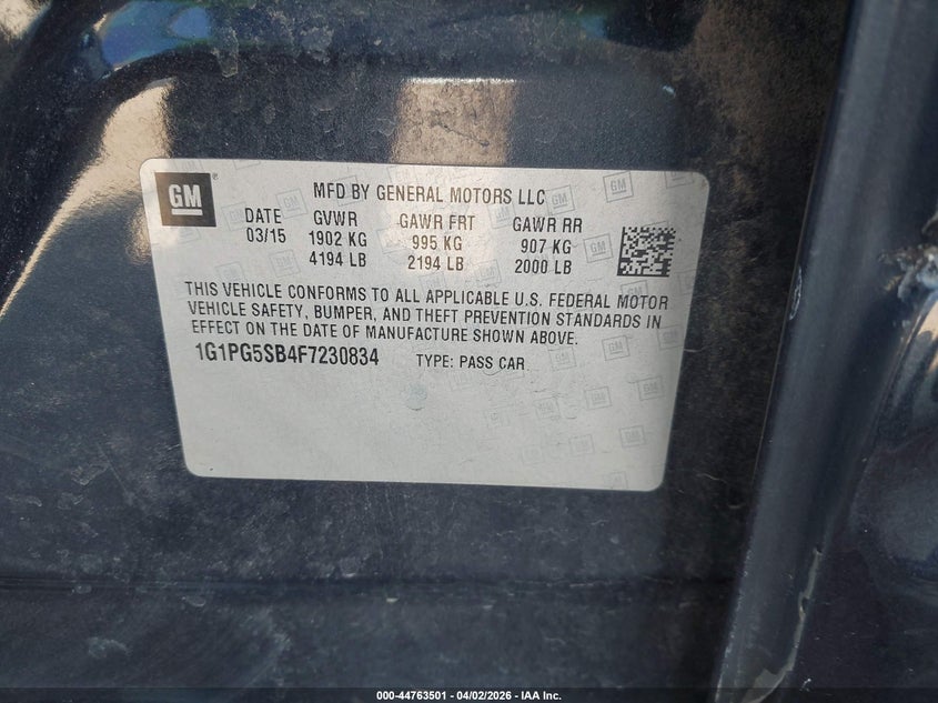 2015 Chevrolet Cruze VIN 1G1PG5SB4F7230834 IAAI salvage auction — LEFT & RIGHT, Salvage (Texas), sold $475 on 2026-07-26 (photo 9)