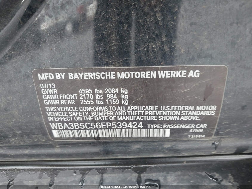 2014 BMW 3er VIN WBA3B5C56EP539424 IAAI salvage auction — REAR END, Wait Title, sold $25 on 2026-07-30 (photo 9)