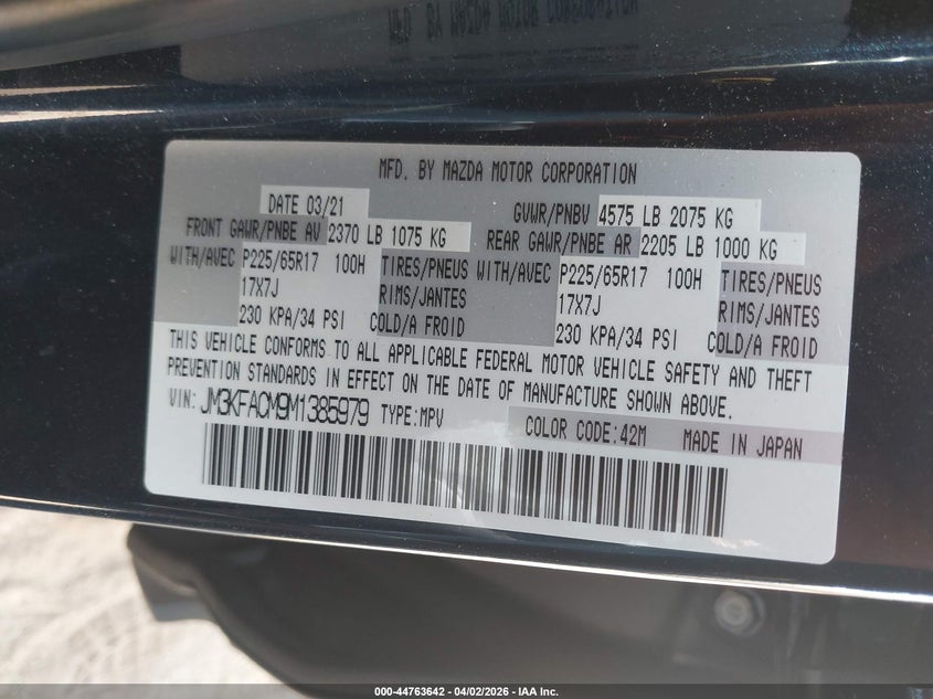 2021 Mazda Cx-5 VIN JM3KFACM9M1385979 IAAI salvage auction — ALL OVER, Salvage (South Carolina), sold $5,100 on 2026-07-21 (photo 9)