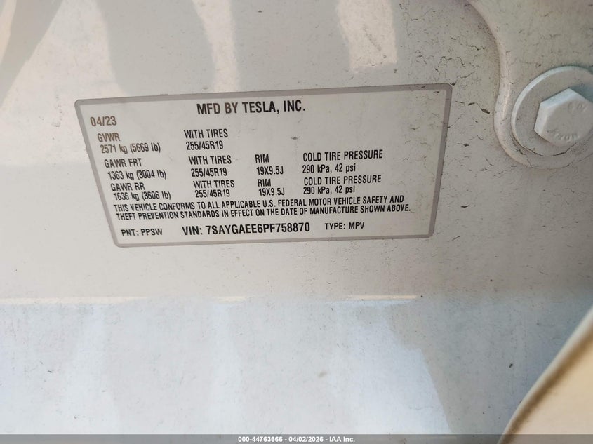 2023 Tesla Model y VIN 7SAYGAEE6PF758870 IAAI salvage auction — RIGHT REAR, Wait Title, sold $11,000 on 2026-07-16 (photo 9)