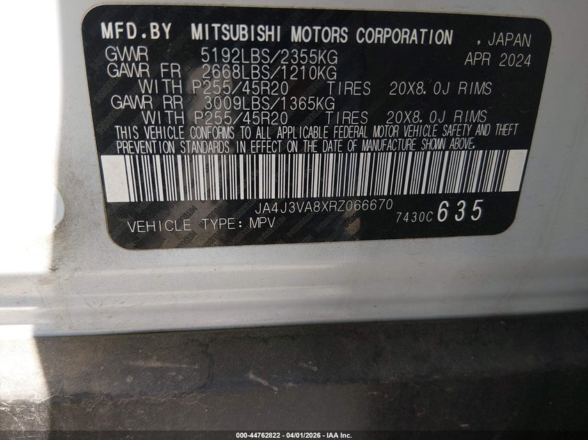 2024 Mitsubishi Outlander VIN JA4J3VA8XRZ066670 IAAI salvage auction — LEFT FRONT, Wait Title, sold $7,900 on 2026-07-29 (photo 9)