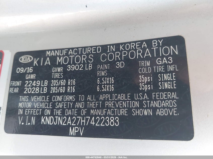 2017 Kia Soul VIN KNDJN2A27H7422383 IAAI salvage auction — HAIL, Clear (Oklahoma), sold $2,800 on 2026-07-29 (photo 9)