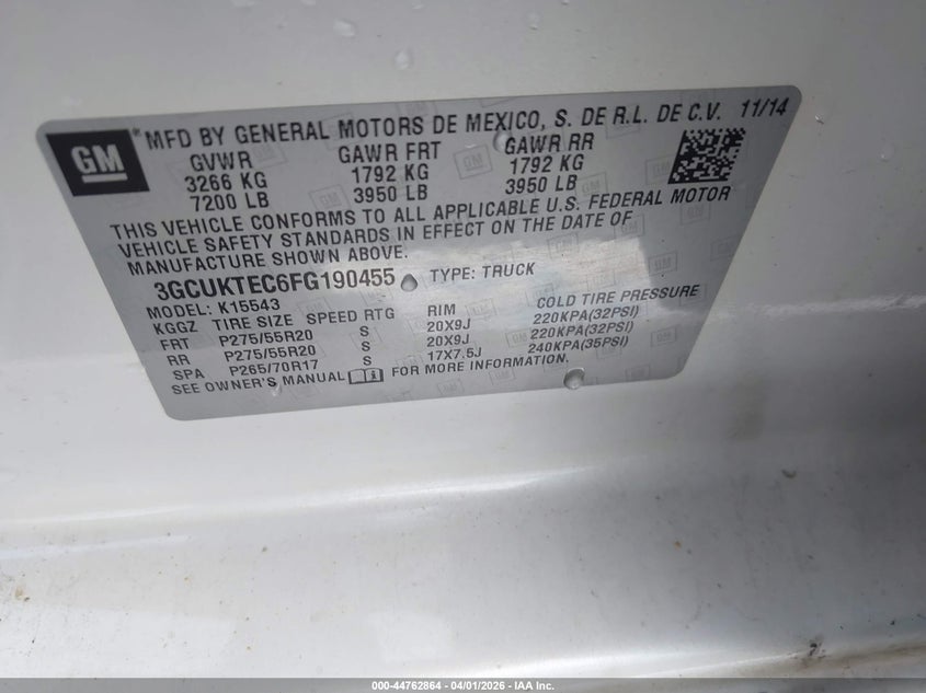 2015 Chevrolet VIN 3GCUKTEC6FG190455 IAAI salvage auction — FRONT END, Wait Title, sold $3,800 on 2026-07-18 (photo 9)