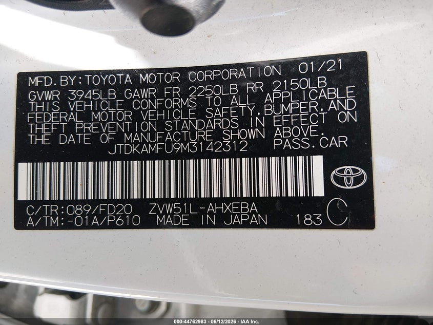 2021 Toyota Prius VIN JTDKAMFU9M3142312 IAAI salvage auction — UNKNOWN, Salvage (California), sold $2,600 on 2026-07-08 (photo 9)