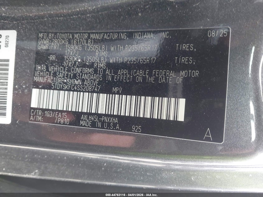 2025 Toyota Sienna VIN 5TDYSKFC4SS208747 IAAI salvage auction — FRONT END, Wait Title, sold $14,500 on 2026-07-31 (photo 9)
