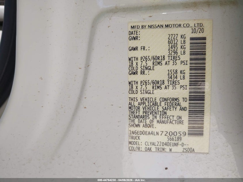 2020 Nissan Frontier VIN 1N6ED0EA4LN720059 IAAI salvage auction — LEFT FRONT, Original (Texas), sold $7,000 on 2026-08-27 (photo 9)