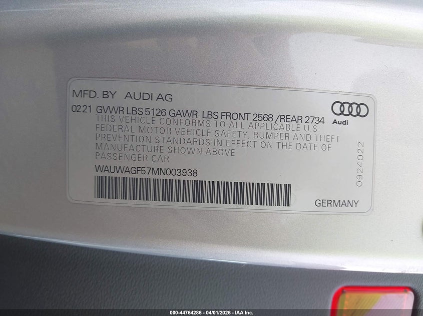 2021 Audi A5 VIN WAUWAGF57MN003938 IAAI salvage auction — FRONT & REAR, Wait Title, sold $4,950 on 2026-07-15 (photo 9)