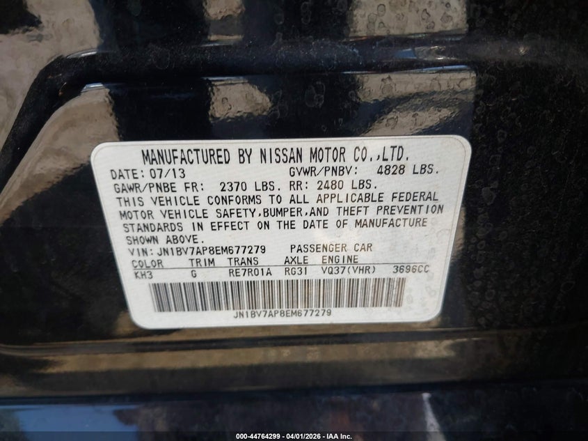 2014 Infiniti Q50 VIN JN1BV7AP8EM677279 IAAI salvage auction — FRONT END, Wait Title, sold $1,150 on 2026-07-07 (photo 9)