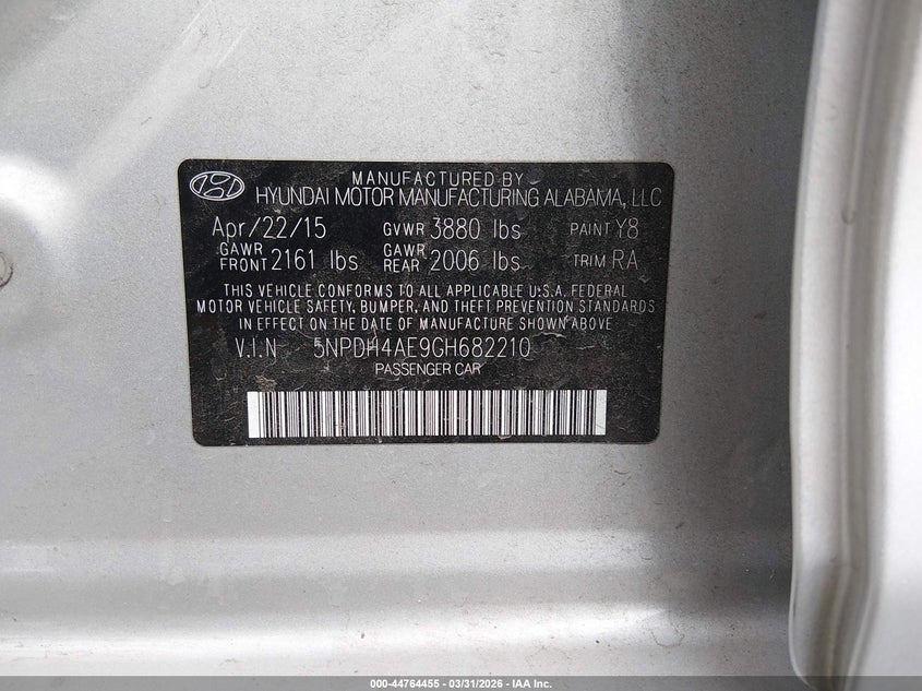 2016 Hyundai Elantra VIN 5NPDH4AE9GH682210 IAAI salvage auction — FRONT END, Wait Title, sold $1,150 on 2026-07-24 (photo 9)