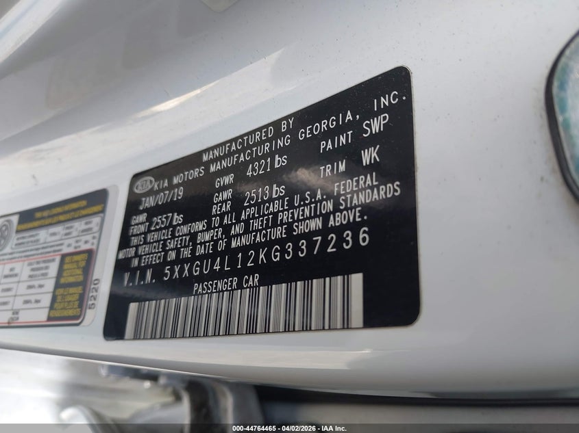 2019 Kia Optima VIN 5XXGU4L12KG337236 IAAI salvage auction — FRONT END, Wait Title, sold $1,225 on 2026-07-15 (photo 9)