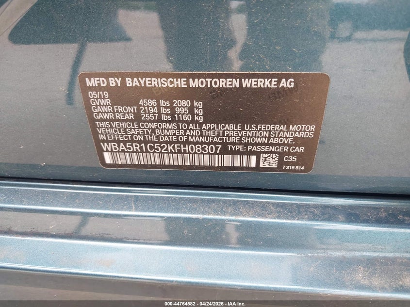 2019 BMW 3er VIN WBA5R1C52KFH08307 IAAI salvage auction — UNKNOWN, Salvage Title, sold $7,100 on 2026-07-10 (photo 9)