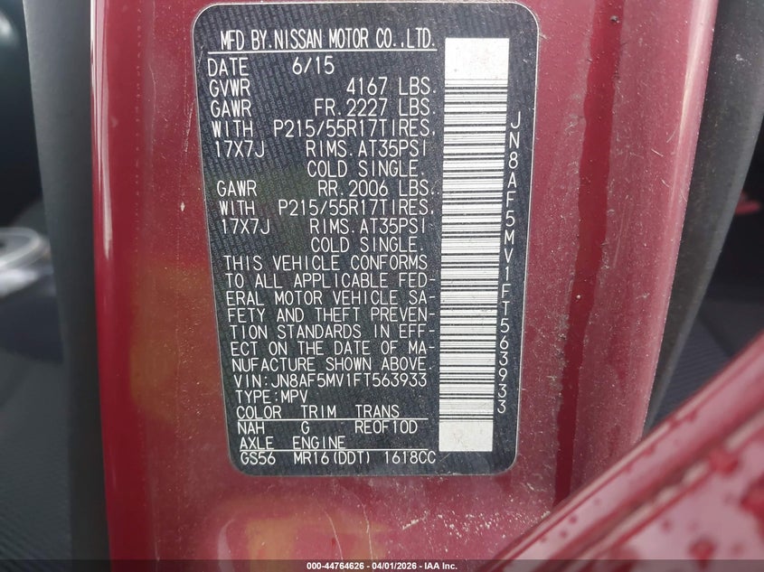 2015 Nissan Juke VIN JN8AF5MV1FT563933 IAAI salvage auction — LEFT & RIGHT, Original (Ohio), sold $275 on 2026-07-15 (photo 9)