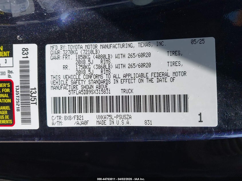 2025 Toyota Tundra VIN 5TFLA5DB9SX315831 IAAI salvage auction — Water/Flood, Salvage (Texas), sold $19,150 on 2026-06-09 (photo 9)
