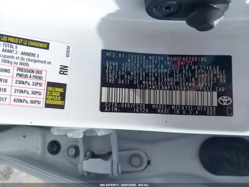 2022 Toyota Corolla VIN 5YFS4MCE8NP115681 IAAI salvage auction — FRONT & REAR, Certificate Of Destruction (Florida), sold $4,050 on 2026-07-24 (photo 9)