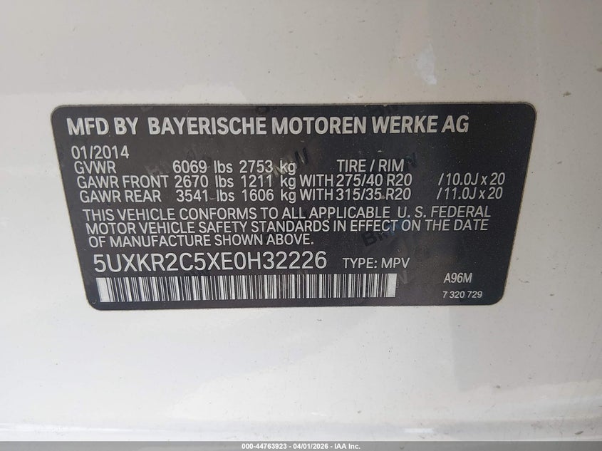 2014 BMW X5 VIN 5UXKR2C5XE0H32226 IAAI salvage auction — REAR END, Wait Title, sold $3,100 on 2026-07-17 (photo 9)